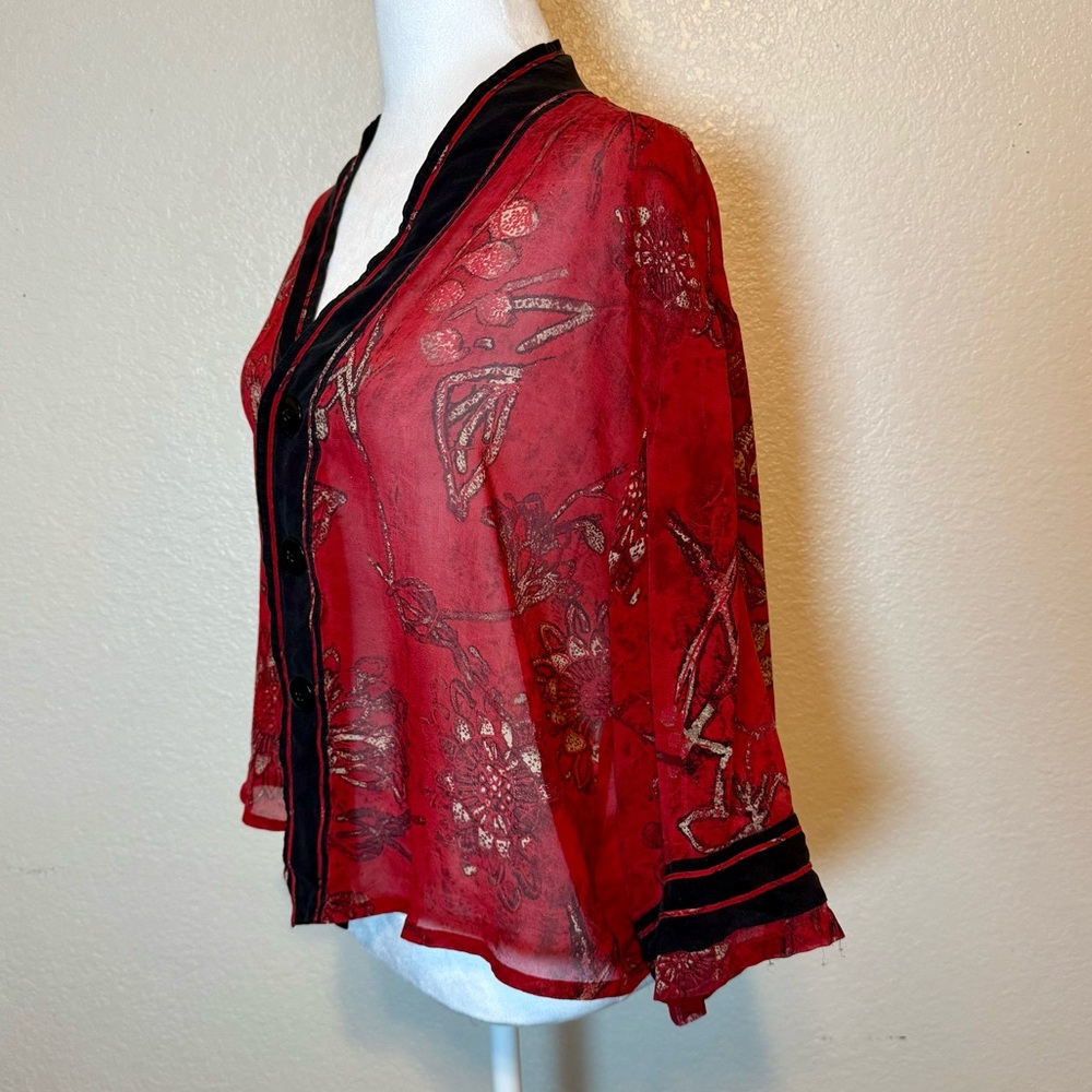 Chico’s Sheer Silk Shrunken Kimono Top Jacket Shacket Red Black Size Medium - Picture 5 of 14